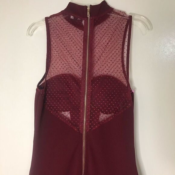 Privy Burgundy Red Sheer Mock Neck Bodycon Dress - Picture 5 of 7